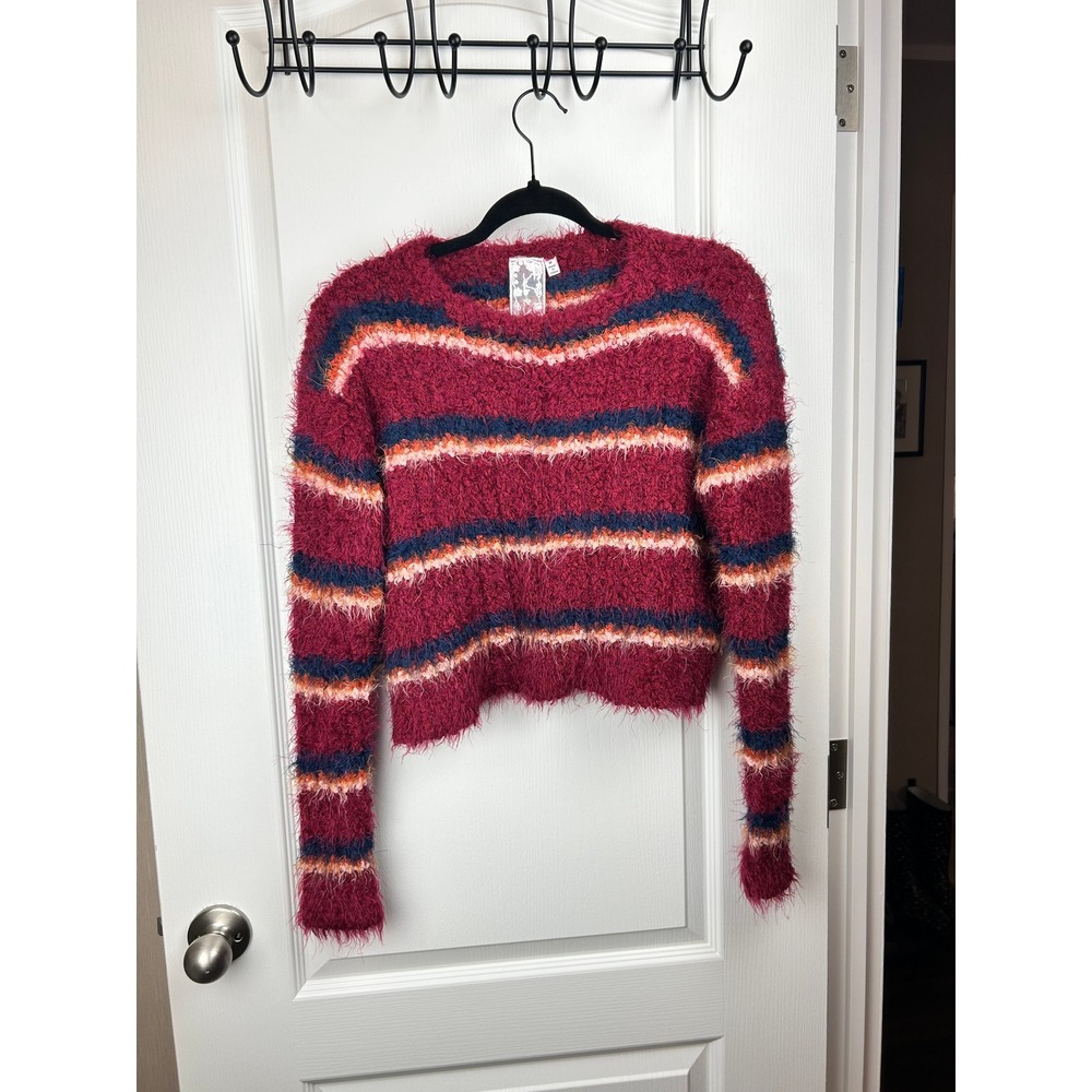 Sadie & Sage‎ Striped Eyelash Knit Cropped Sweater Burgundy Navy Orange Medium